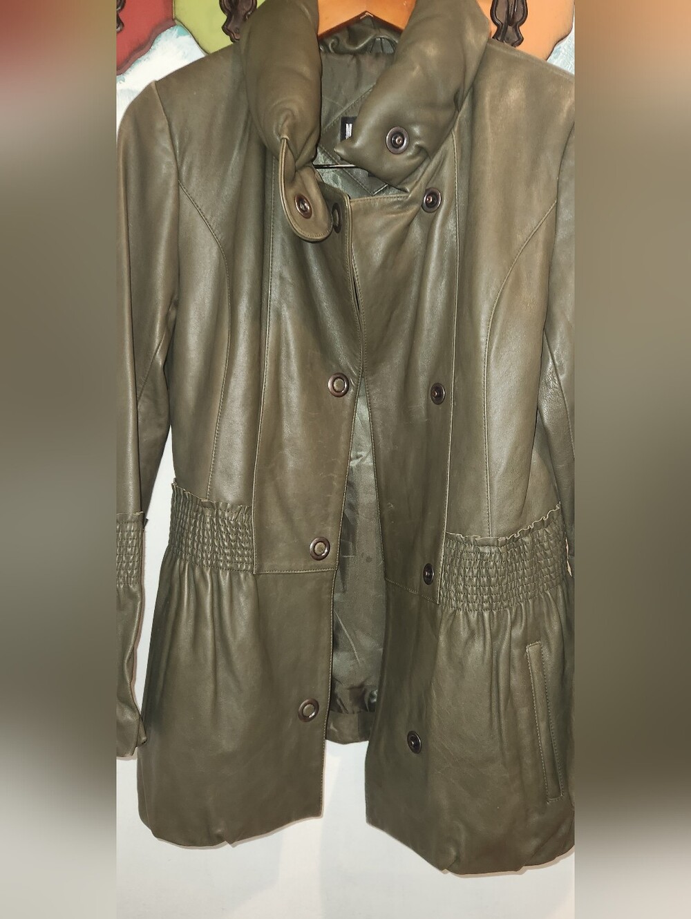 Olive Green Women's Leather Coat Jacket Size Small S